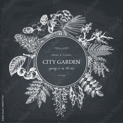 Vector card design with hand drawn blossoming trees illustration. Spring flowers sketch collection.Wedding invitation template on chalkboard.