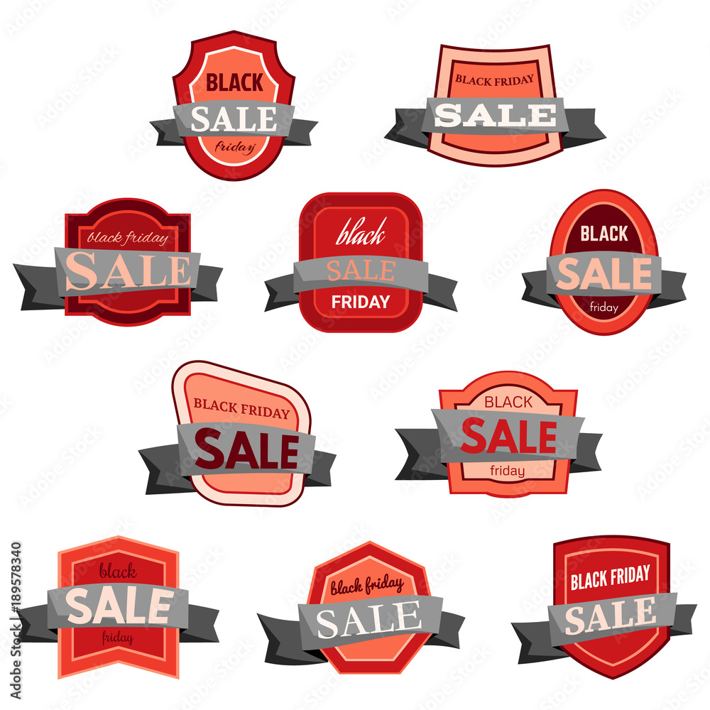 Set of ten black friday sale badges with black ribbon on a white background. Vector illustration
