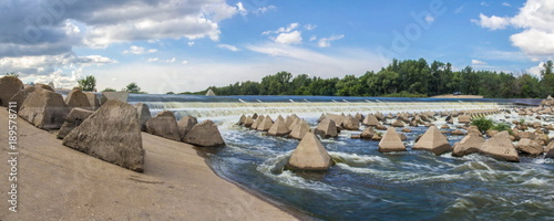 Stitched Panorama. Overflow dam on the Big Irgiz River In the Saratov region, Russia photo