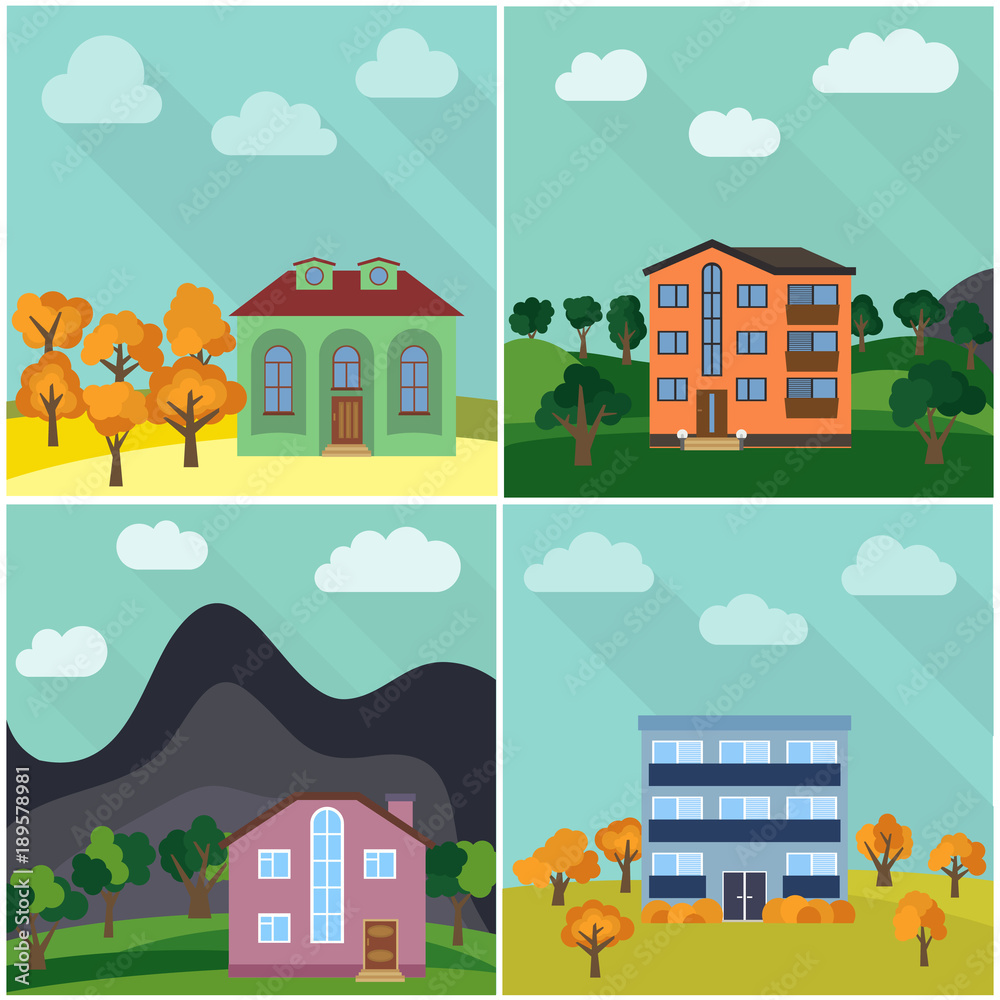 Set of four lonely houses in the nature. Vector illustration.
