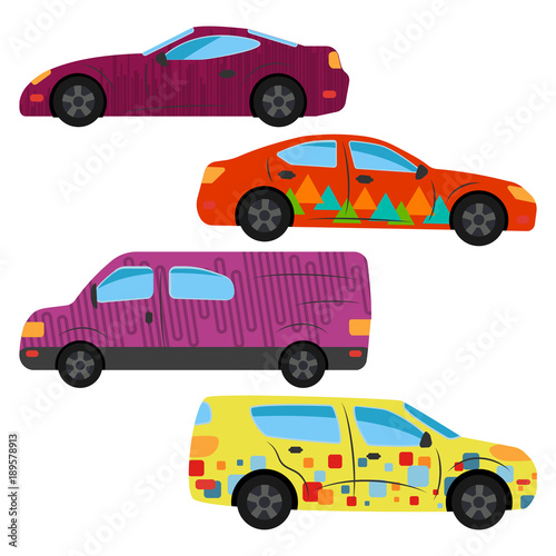 A set of four cars painted in different colors. Vector illustration  