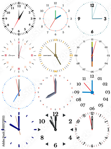 A set of different mechanical clocks with an image of each of the twelve hours. Clock face on white background. 