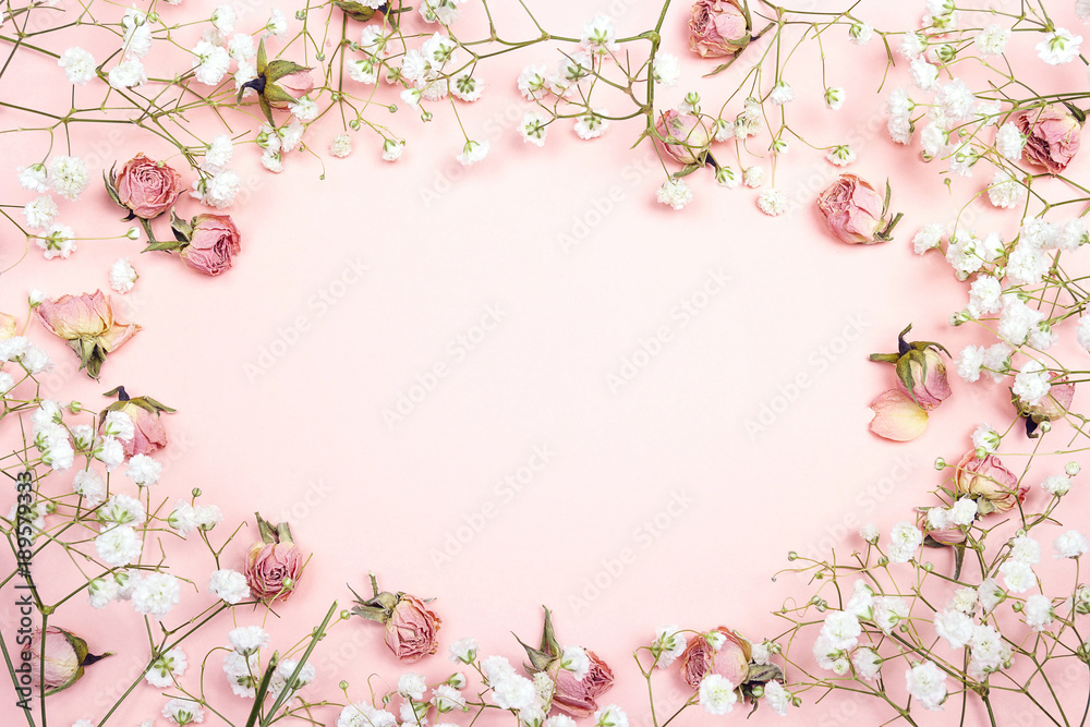 Frame of small delicate white flowers and roses on pink background. Place for text.