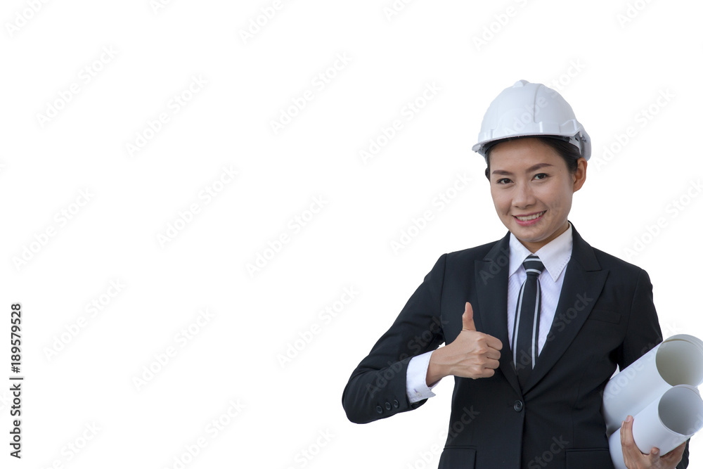 Business woman wears safety hat is isolated on white background Business woman wears safety hat is isolated on white background