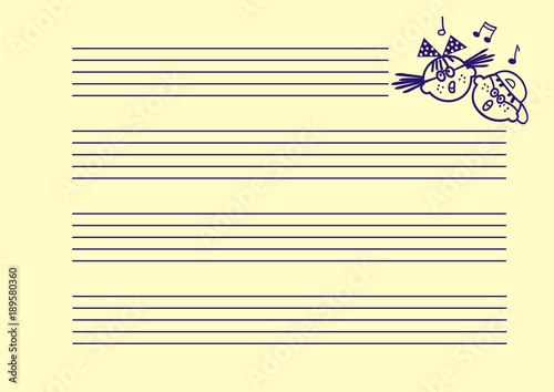 Music empty blank note stave. Notebook for musical notes with picture with girl and boy. Vector illustration. Blue lines on light background.
