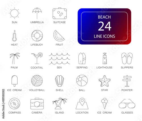 Line icons set. Beach pack. Vector illustration