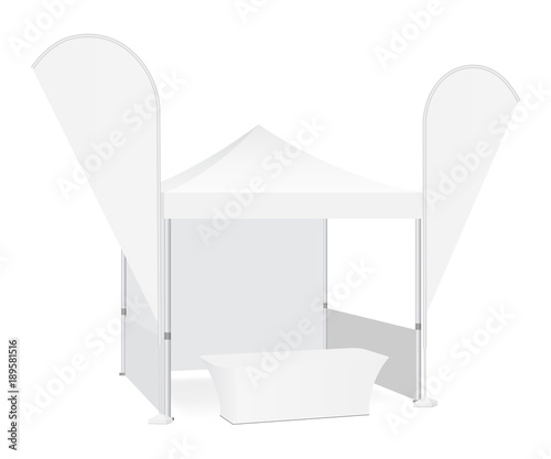 Trade show booth display stand - tent canopy, feather flags and demonstration table. Blank exhibition equipment mockup. Vector illustration