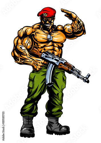 muscular soldier with gun salutes, illustration, art, design, logo, color image