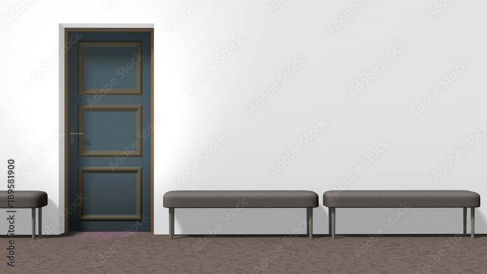 Fototapeta premium Waiting hall corridor with white wall, closed door on the left, brown floor with crackle pattern, and three backless upholstered benches. Horizontal 16:9 interior 3d render.