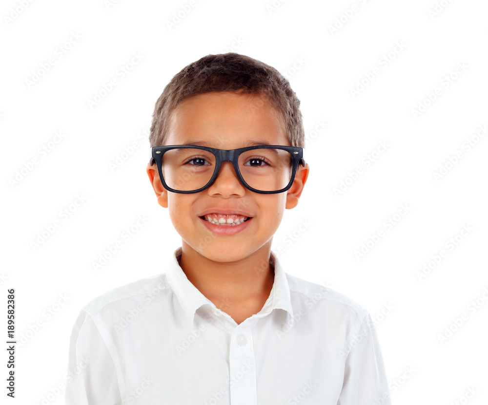 Funny child with big glasses laughing