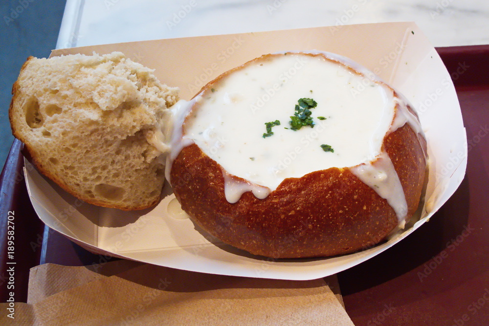 Clam Chowder served in bread in San Francisco in the USA
Clam Chowder served in bread in San Francisco in the USA