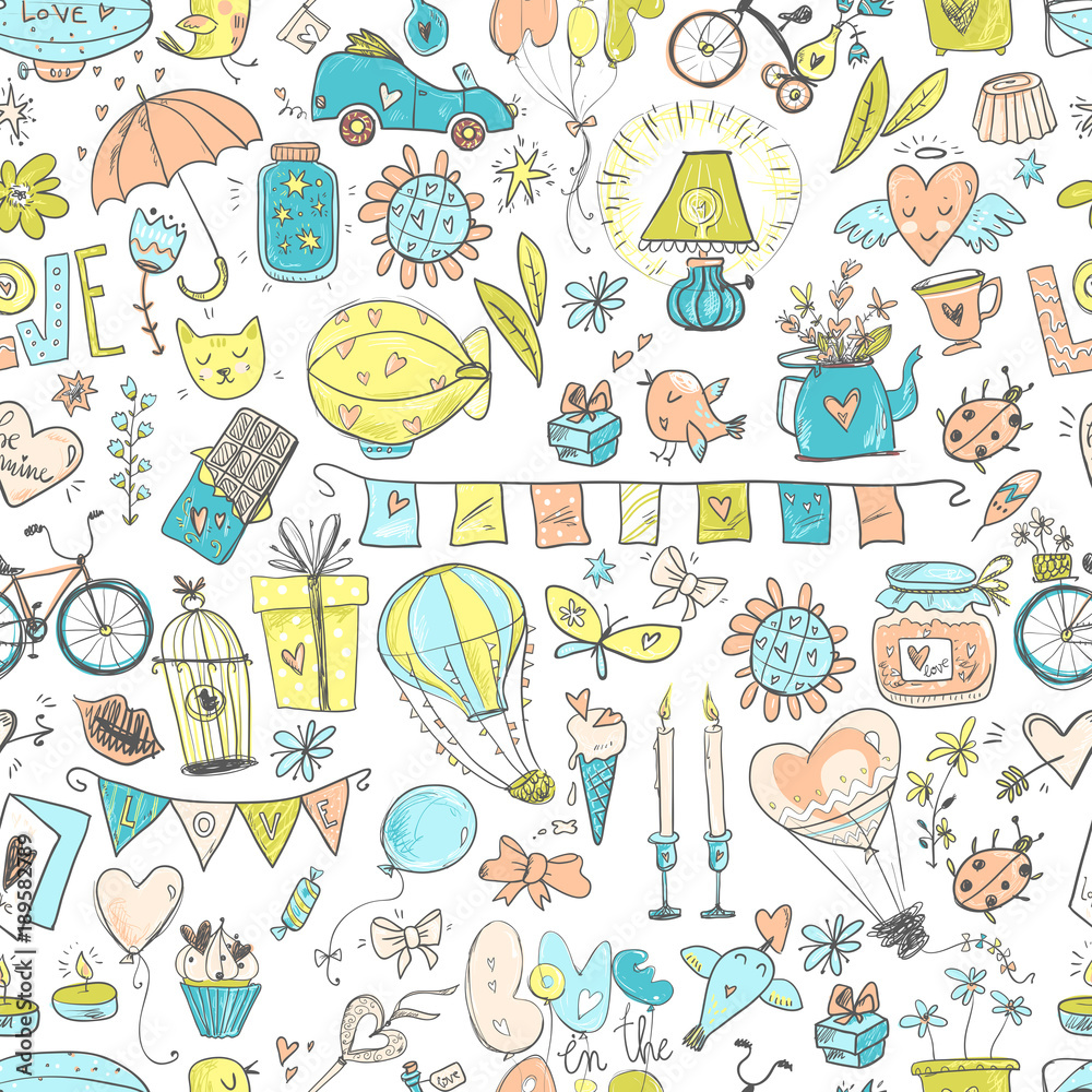 Cute fall in love seamless pattern. Nice romantic elements. Flow Cute fall in love seamless pattern. Nice romantic elements. Flow