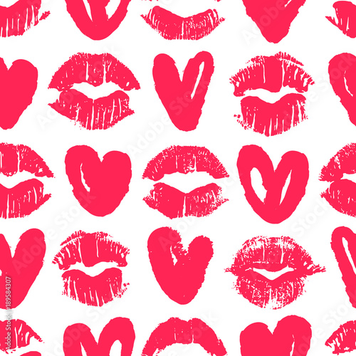 Seamless pattern with lipstick kisses and hearts