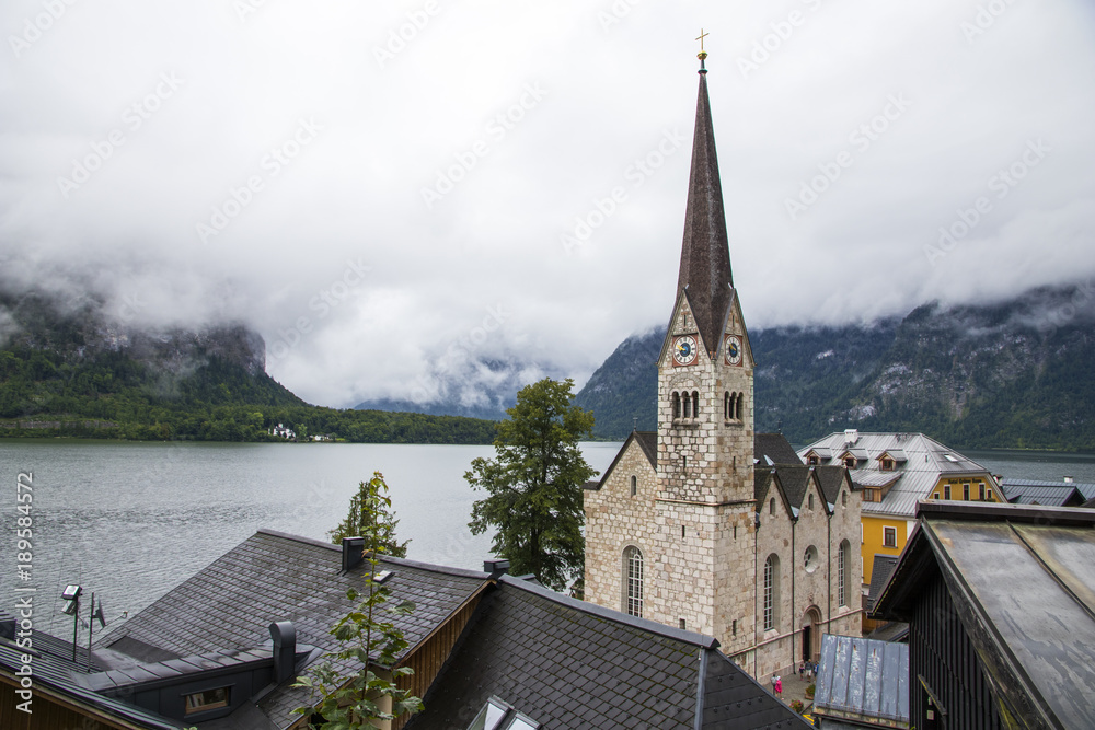 Views of the Neo-Gothic Evangelical Church in Hallstatt, part of Dachstein-Salzkammergut Cultural Landscape, a World Heritage Site in Austria