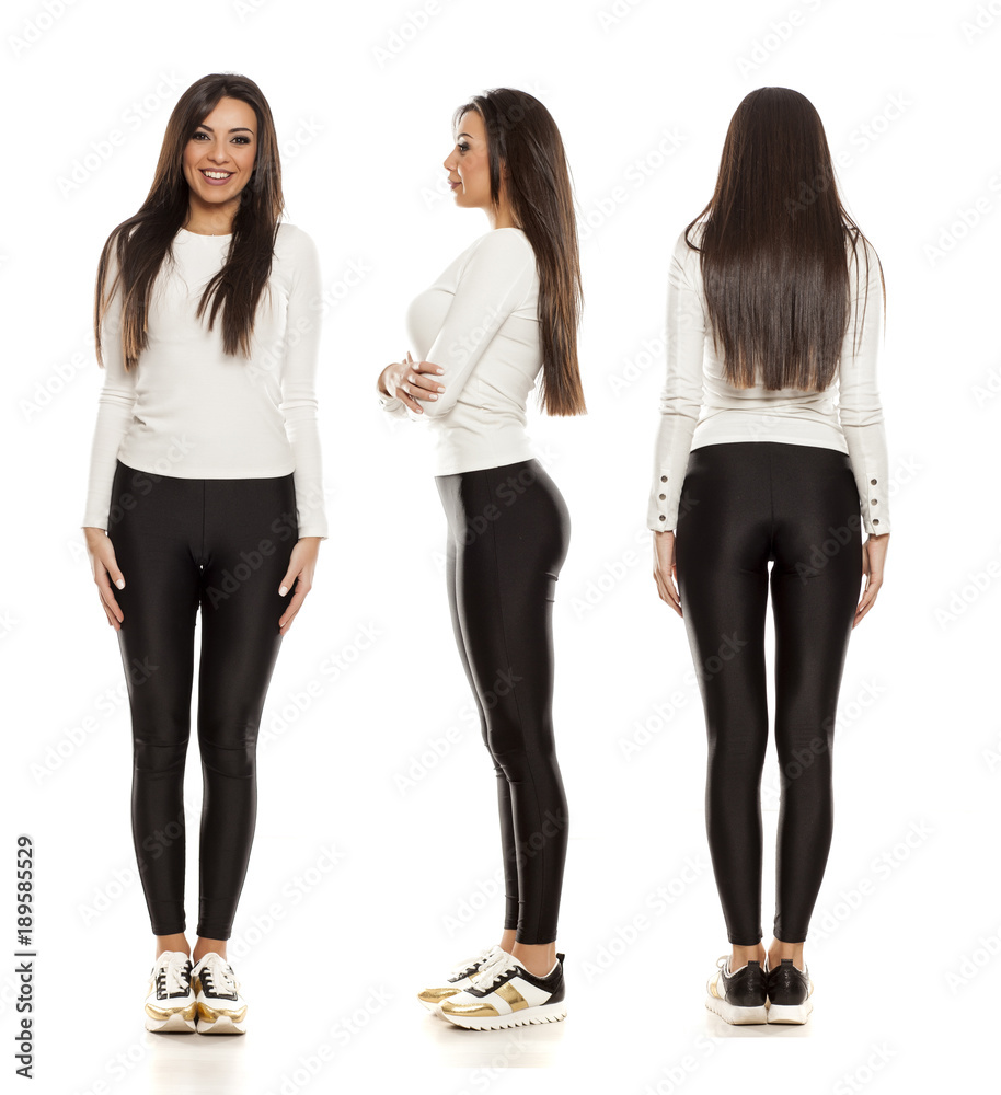 Collage of young beautiful woman in black tights, white blouse and