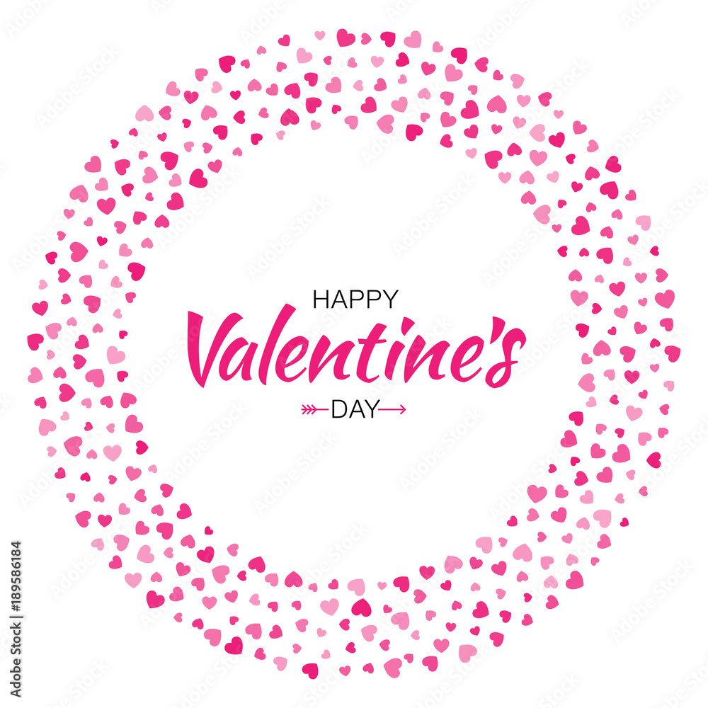 Valentines Day card design. Love circle frame  from pattern gentle pink hearts  isolated on white background.  Backdrop border for Wedding Invitation card. Vector illustration EPS10.