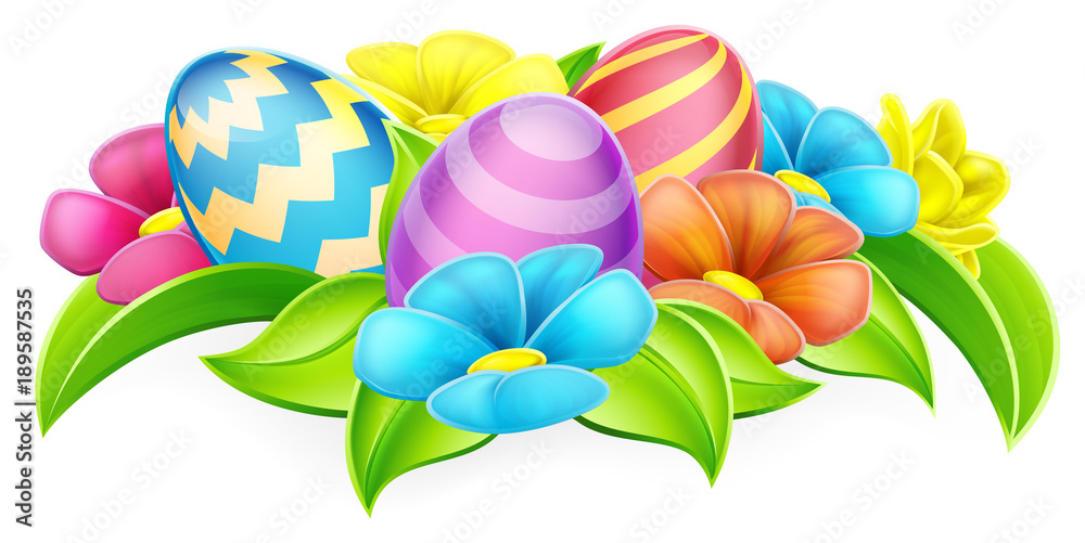 Obraz premium Cartoon Decorated Easter Eggs and Flowers