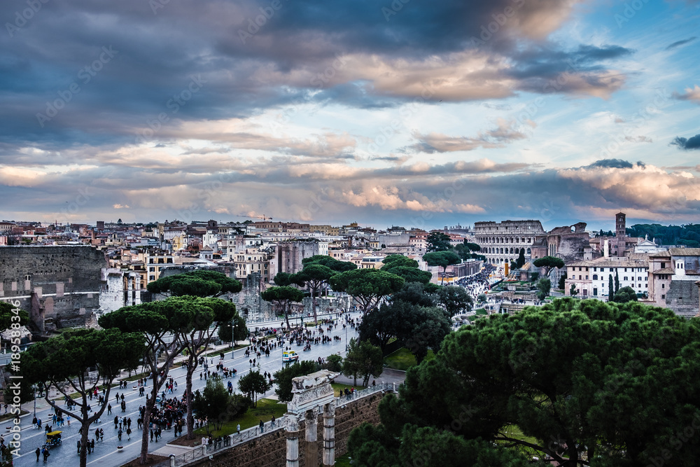 Scenic View of Rome from above with  the Coliseum from above, with tourists and