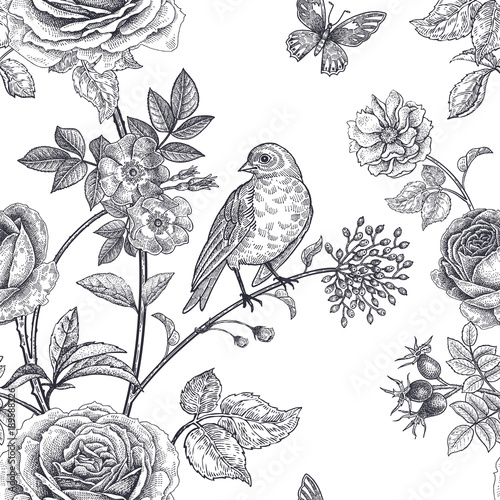 Seamless pattern with garden flowers and birds.