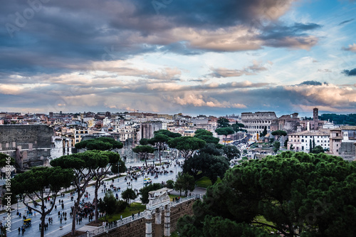 Scenic View of Rome from above with the Coliseum from above, with tourists and