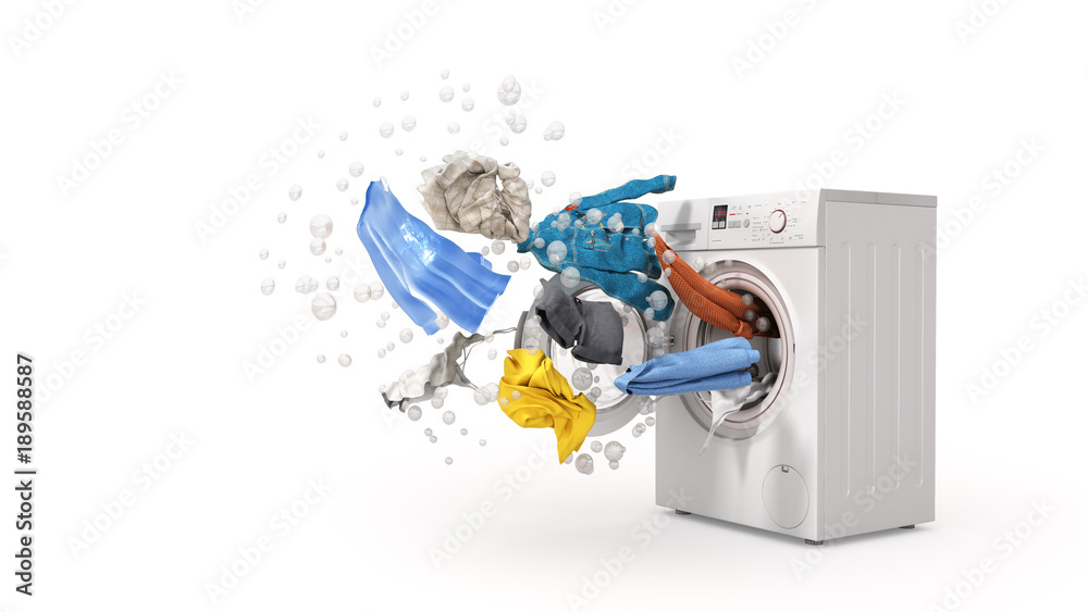 Washing machine and flying clothes on white background