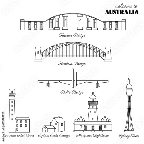 Australian landmark Macquarie Lighthouse, Sydney Tower, Tasman Bridge, Harbour, Bolte Bridge, Taroona Shot Tower, Captain Cooks Cottage hand drawn vector symbol isolated, decorative icon building