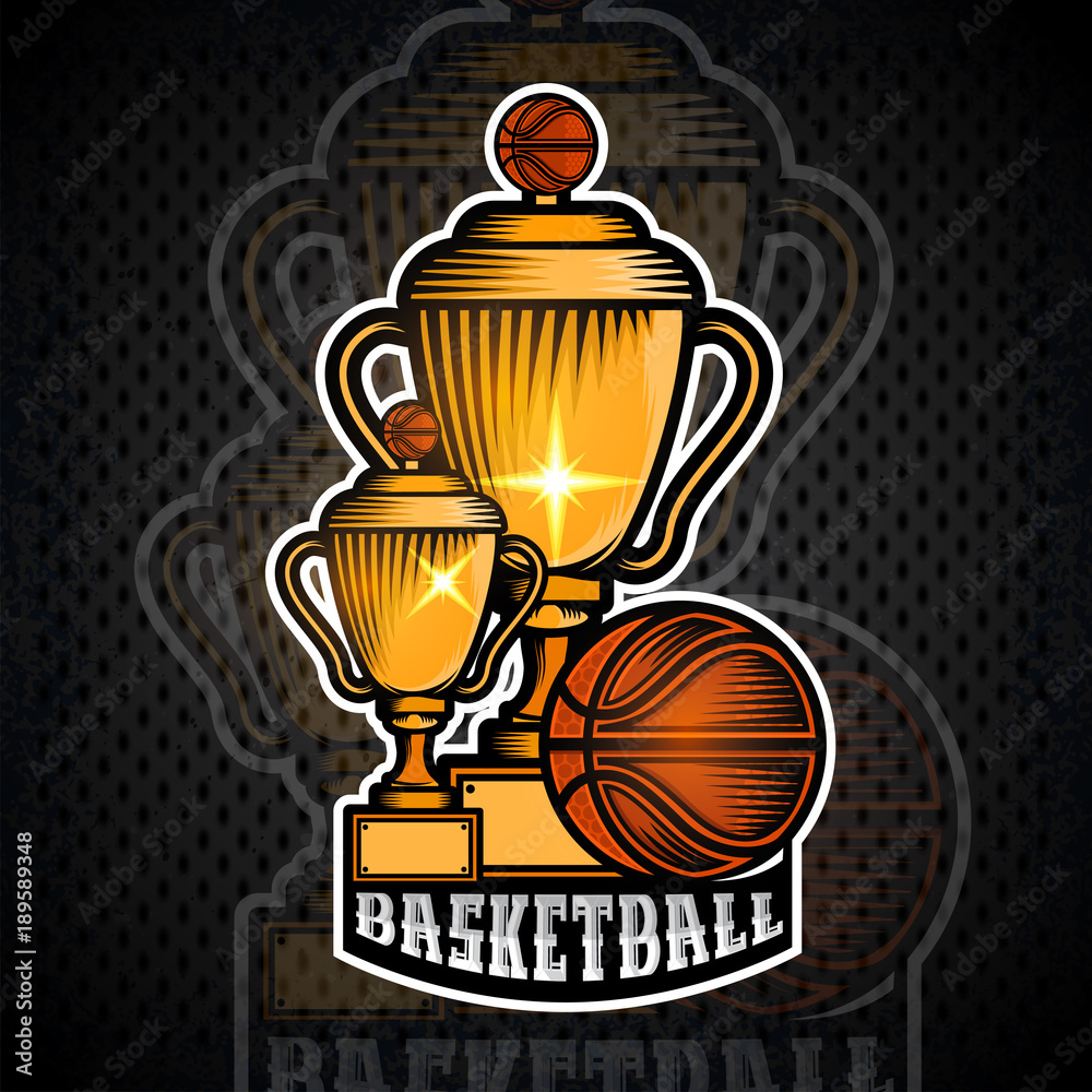 Two golden basketball cups with ball. Vector sport banner or emblem in cartoon style