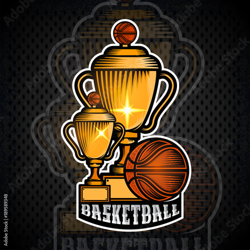 Two golden basketball cups with ball. Vector sport banner or emblem in cartoon style