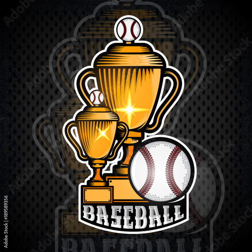 Two golden baseball cups with ball. Vector sport banner or emblem in cartoon style