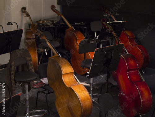 musical instruments in an orchestra during a break.
