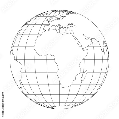 Outline Earth globe with map of World focused on Africa. Vector illustration.