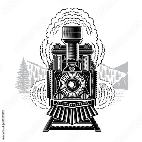 Black silhouette of face old locomotive with smoke on wild landscape. Engraving illustration isolated on white