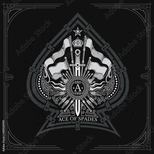 Coat of arms with crossed flags and vertical sword in the center of ace of spades. Brand or T-shirt style on blackboard
