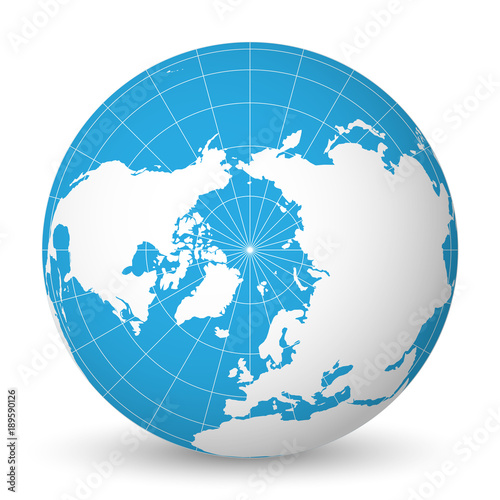 Earth globe with green world map and blue seas and oceans focused on Arctic Ocean and North Pole. With thin white meridians and parallels. 3D vector illustration.