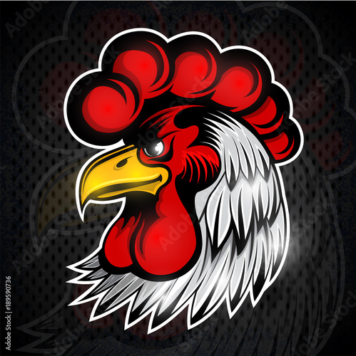 White cock head logo for any sport team or cock-fights rooster on blackboard
