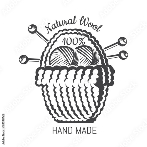 Big bsket with yarn ball knitting needles. Logo for craft related site or business