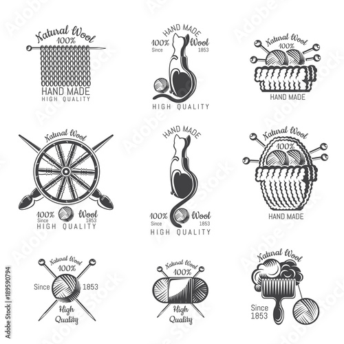 Set of labels wool knitting product. Logo for knitted craft related site or business