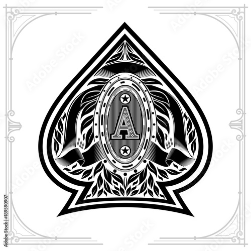 Ace of spades form with oval frame between laurel wreth and ribbon inside. Design playing card element black on white