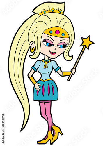 Enchantress with a magic wand/ Illustration cartoon enchantress girl holding a magic staff