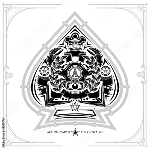 Ace of spades form with crab between laurel wreth and crossed harpoon inside. Design playing card element black on white