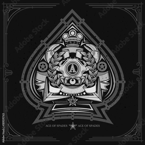 Ace of spades form with crab between laurel wreth and crossed harpoon inside. Design playing card element white on black