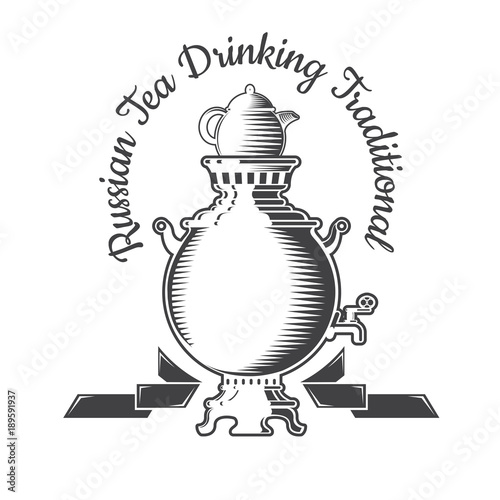 Russian samovar with ribbons and teapot. Logo for cafe, teahouse, tea party or business