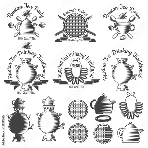 Samovar, teapot, cup and other design elements. Set Russiaan tea tradition logo for cafe, teahouse, tea party, bakery or business