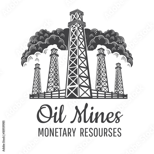 Set oil mines front view with fence on clouds background isolated on white. Logo for monetary resourses or oil business in engraving style