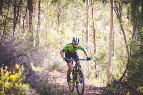 Wide angle view of a mountain biker speeding downhill on a mountain bike track in the woods © Dewald