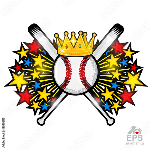 Colored stars fly out from baseball ball. Sport logo isolated on white for any team or competition