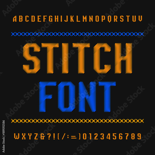 Stitch alphabet font. Embroidery vintage typeface on dark background. Type letters and numbers. Stock vector typeset for your headers or any typography design.
