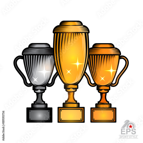 Set of three cups with first second and third place. Vector sport logo isolated on white for any team or competition
