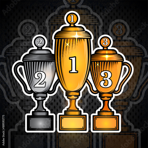 Three cups first gold, second silver and third place bronze. Vector sport logo for any team or competition