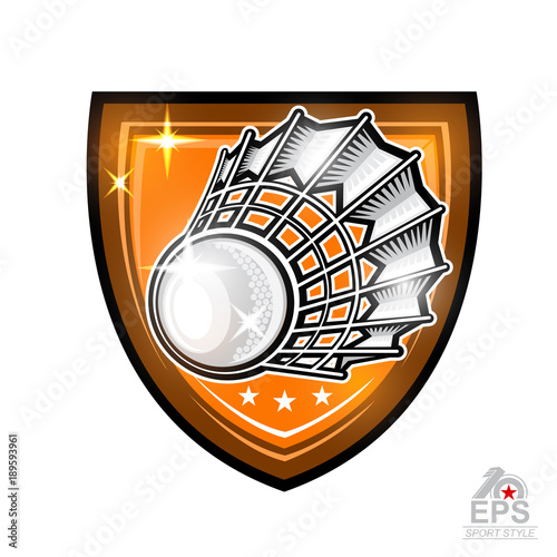 Shuttlecock in center of shield. Sport logo isolated on white for any badminton team or championship.